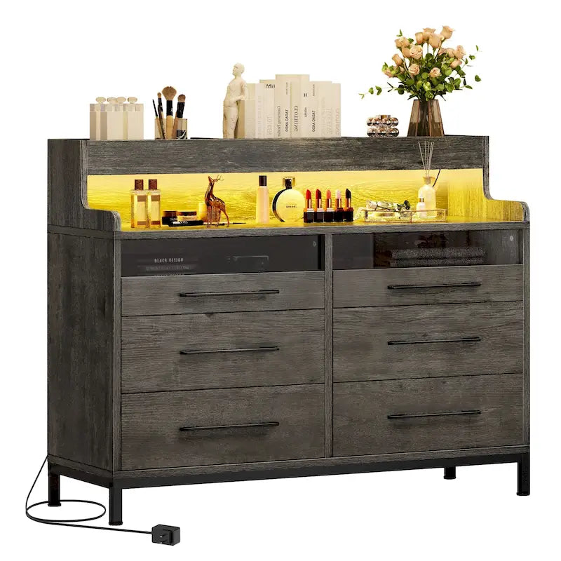 White / Black / Grey 6-Drawer Dresser with LED Strip, Single