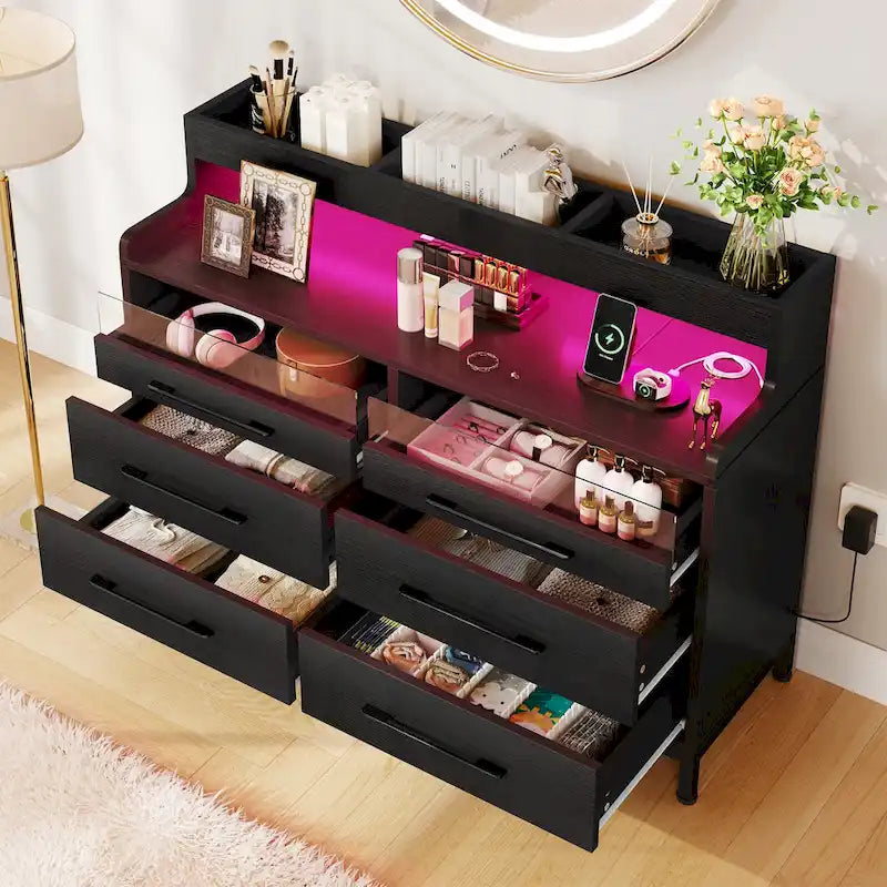 White / Black / Grey 6-Drawer Dresser with LED Strip, Single