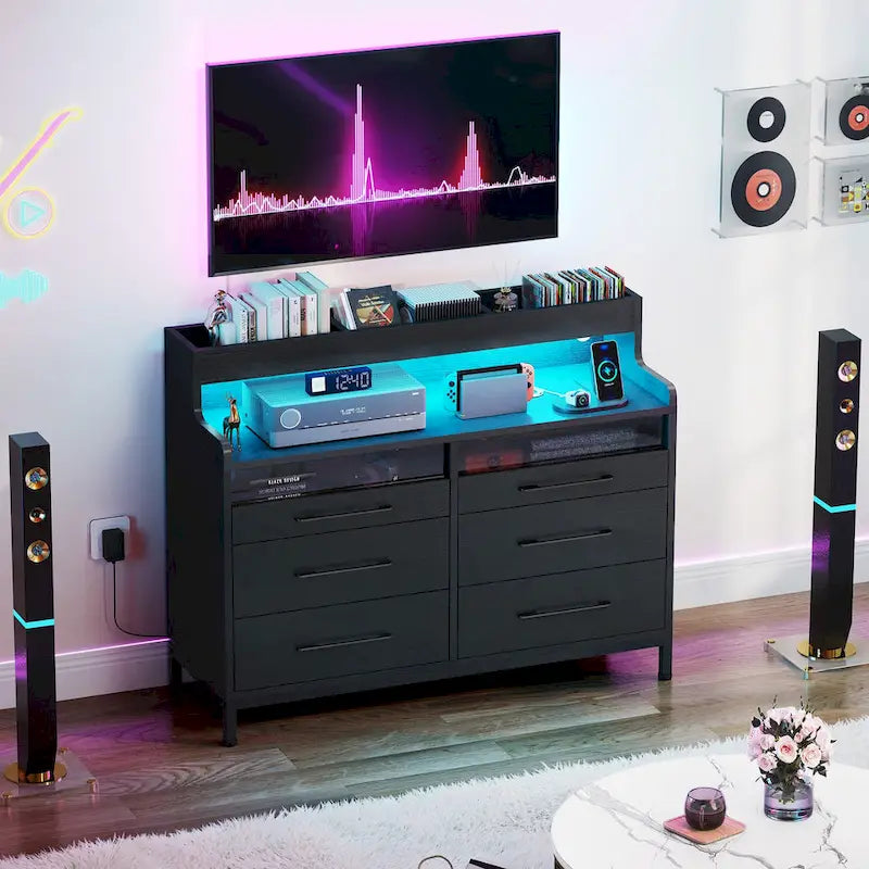 White / Black / Grey 6-Drawer Dresser with LED Strip, Single