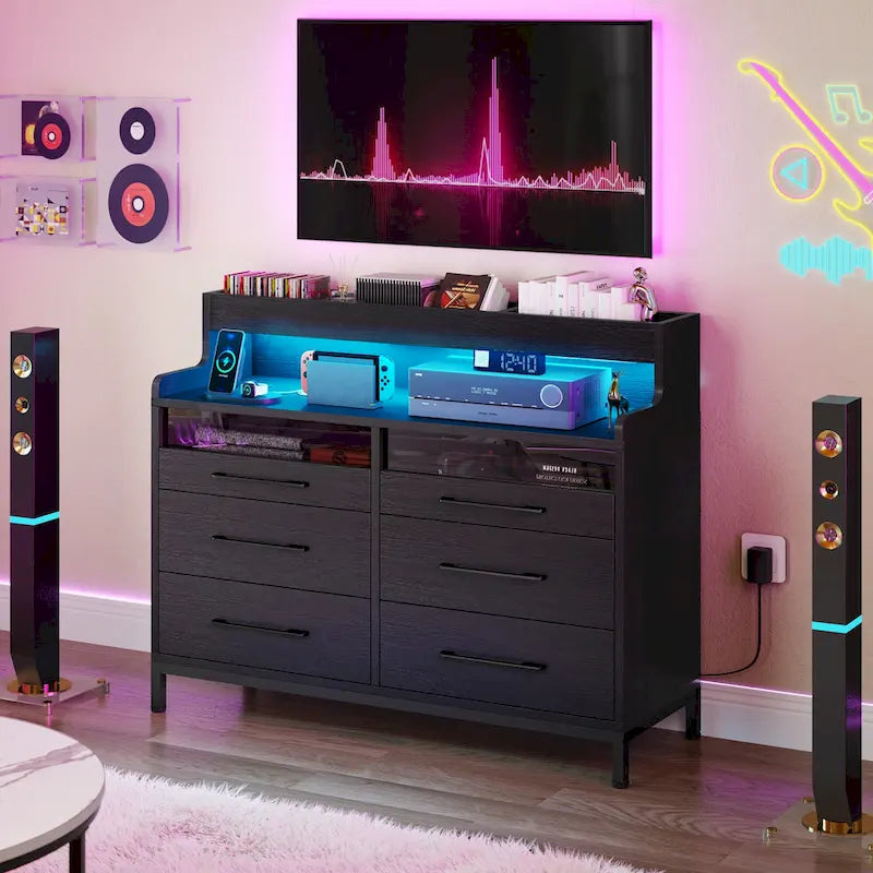 White / Black / Grey 6-Drawer Dresser with LED Strip, Single