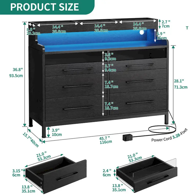 White / Black / Grey 6-Drawer Dresser with LED Strip, Single