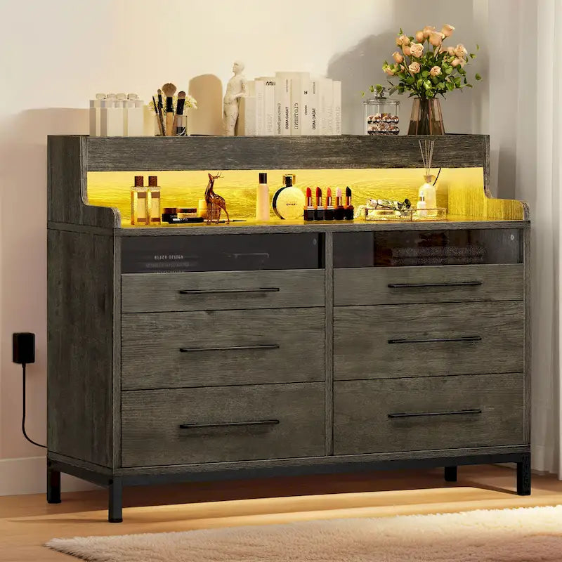 White / Black / Grey 6-Drawer Dresser with LED Strip, Single