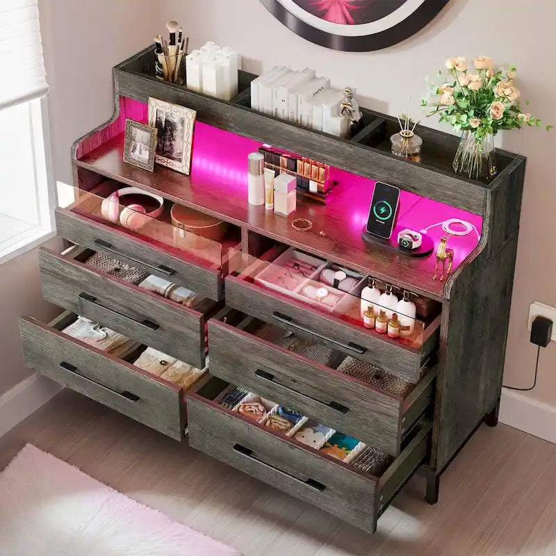 White / Black / Grey 6-Drawer Dresser with LED Strip, Single