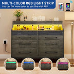 White / Black / Grey 6-Drawer Dresser with LED Strip, Single