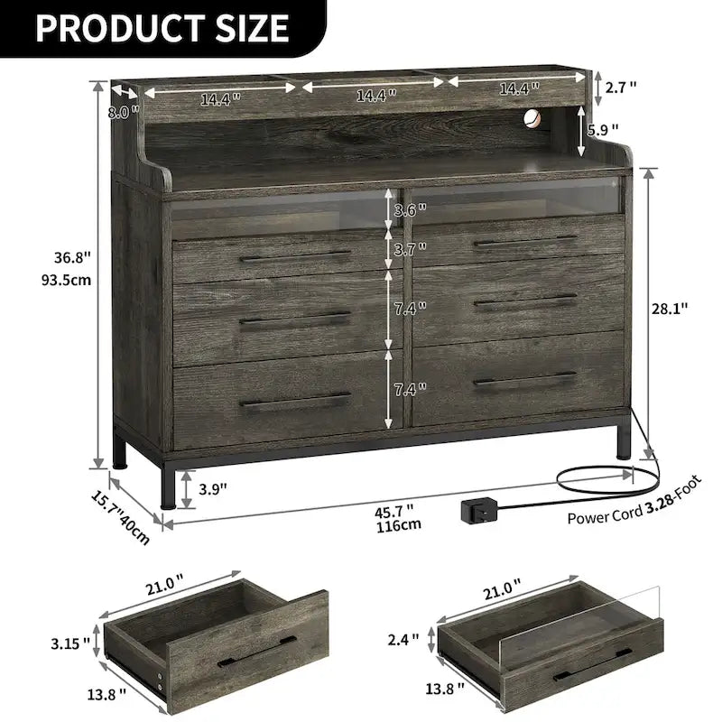 White / Black / Grey 6-Drawer Dresser with LED Strip, Single