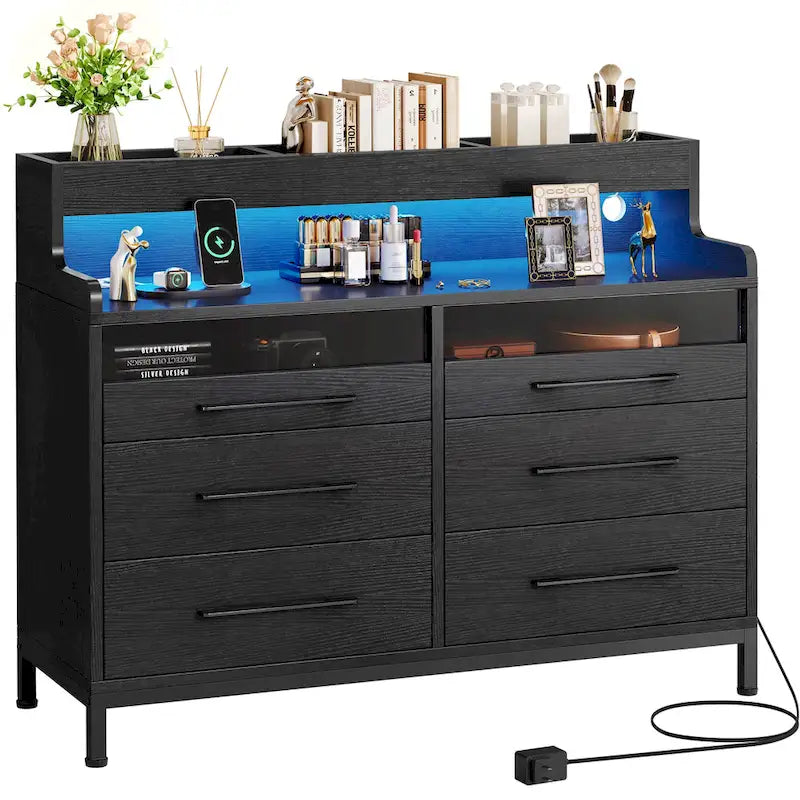 White / Black / Grey 6-Drawer Dresser with LED Strip, Single