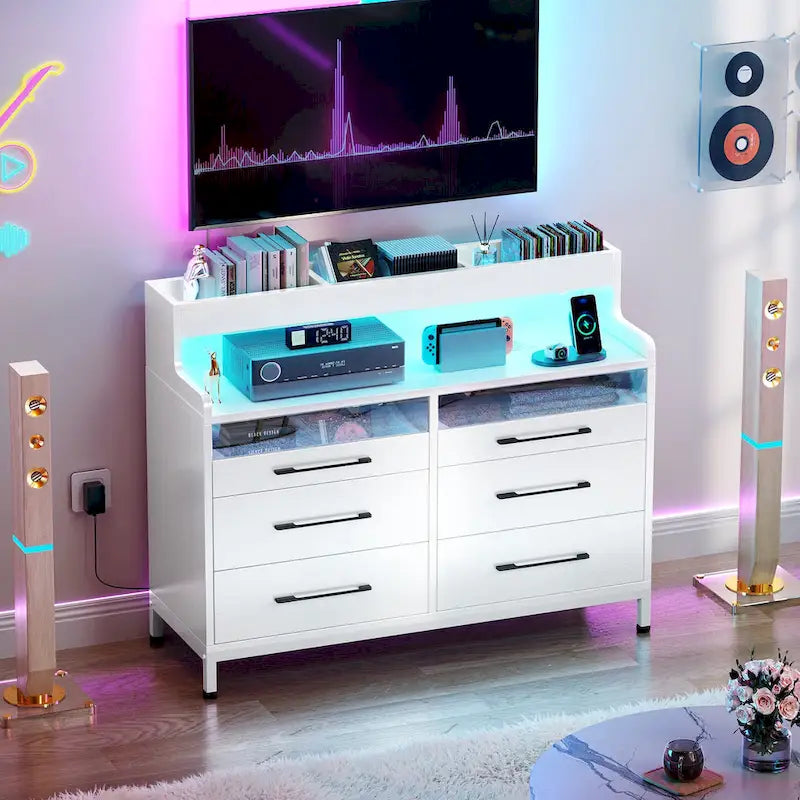 White / Black / Grey 6-Drawer Dresser with LED Strip, Single