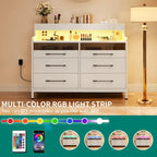 White / Black / Grey 6-Drawer Dresser with LED Strip, Single
