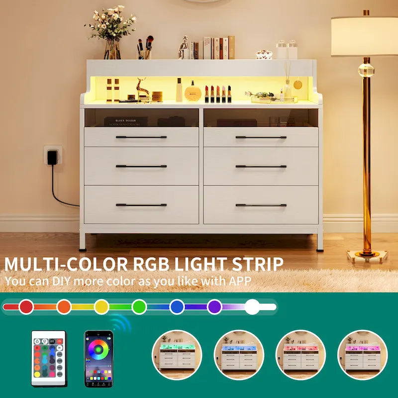 White / Black / Grey 6-Drawer Dresser with LED Strip, Single