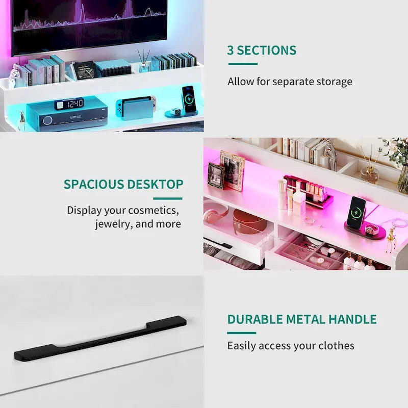 White / Black / Grey 6-Drawer Dresser with LED Strip, Single