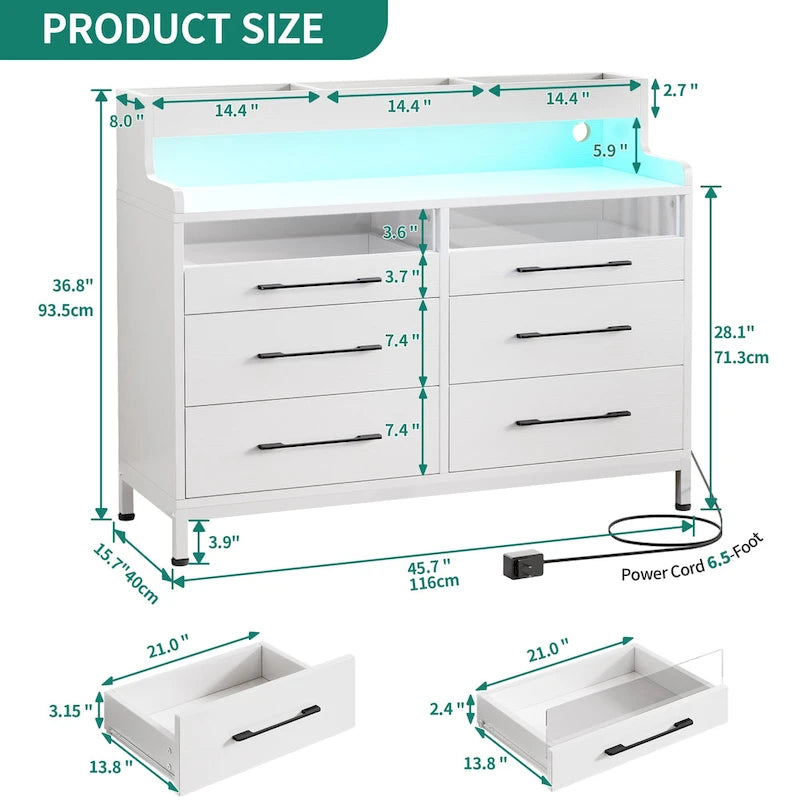 White / Black / Grey 6-Drawer Dresser with LED Strip, Single