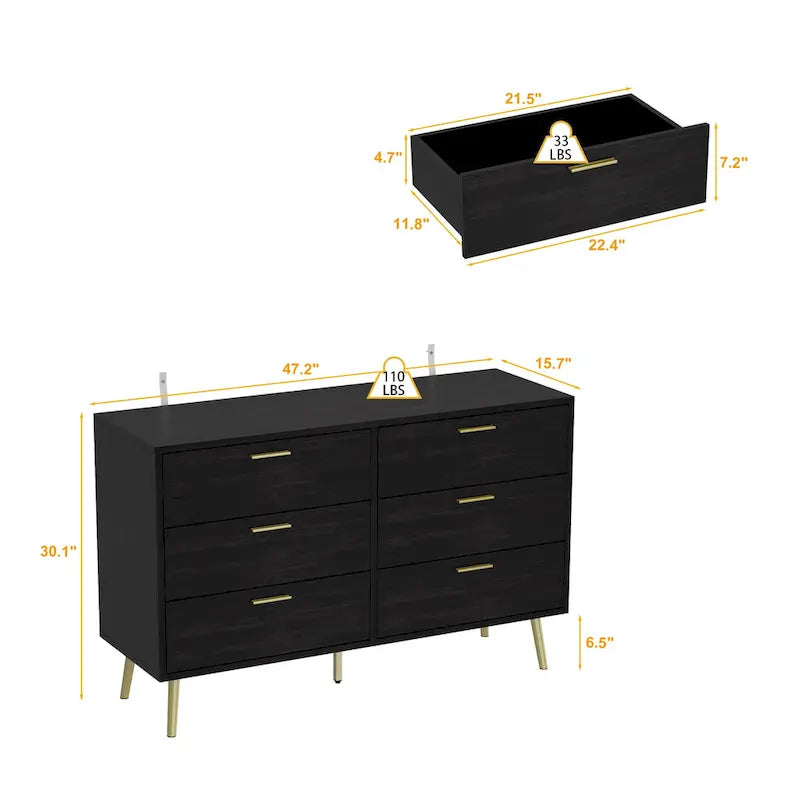 6-Drawer Double Dresser, Dark Brown / White, Storage Chest for 1 Person