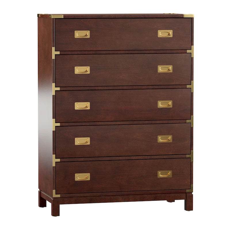 5-Drawer Campaign Chest with Gold Hardware – Espresso / Grey / White