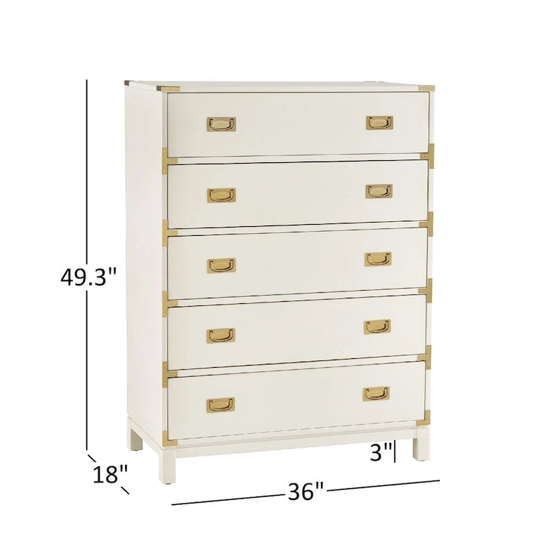 5-Drawer Campaign Chest with Gold Hardware – Espresso / Grey / White