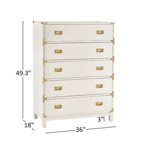 Commode de campagne à 5 tiroirs avec poignées dorées – Expresso / Gris / Blanc