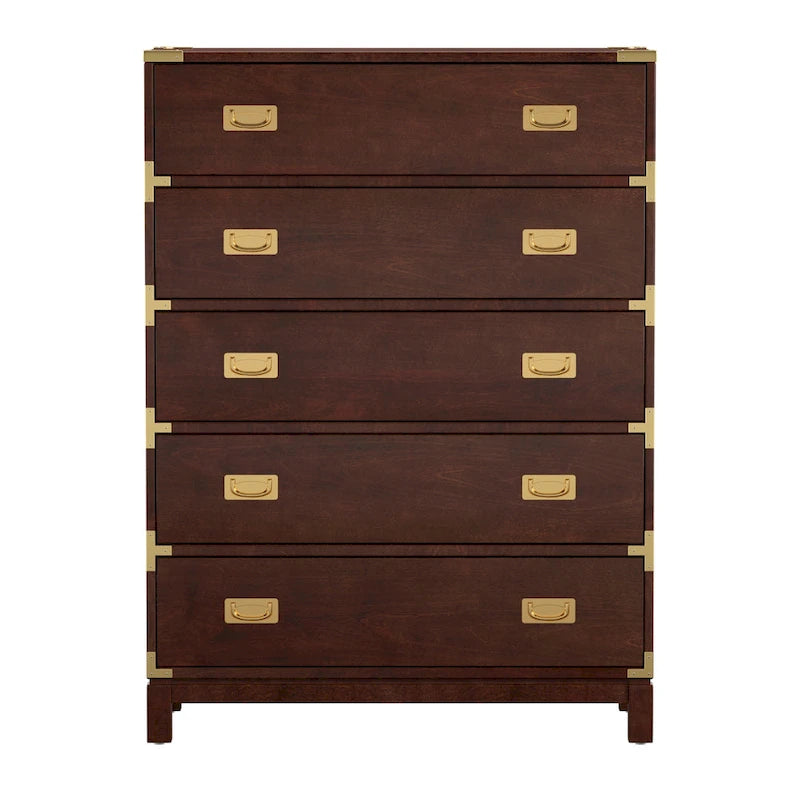 5-Drawer Campaign Chest with Gold Hardware – Espresso / Grey / White