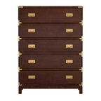 5-Drawer Campaign Chest with Gold Hardware – Espresso / Grey / White