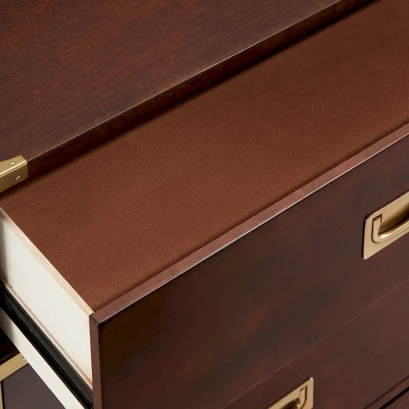 5-Drawer Campaign Chest with Gold Hardware – Espresso / Grey / White