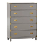 5-Drawer Campaign Chest with Gold Hardware – Espresso / Grey / White