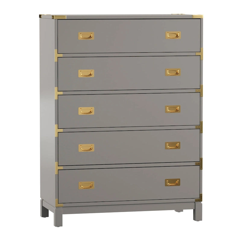 5-Drawer Campaign Chest with Gold Hardware – Espresso / Grey / White