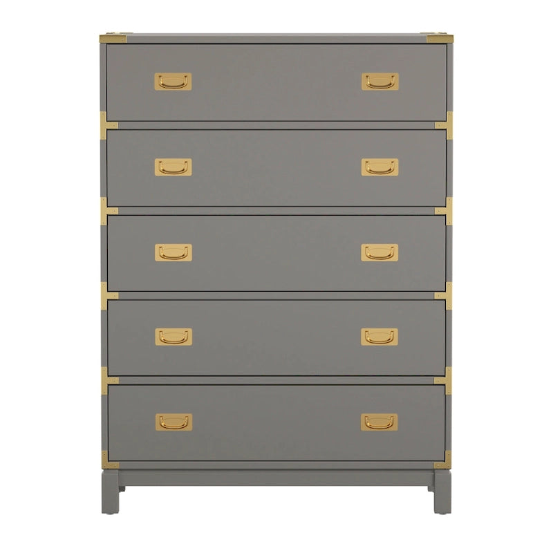 5-Drawer Campaign Chest with Gold Hardware – Espresso / Grey / White