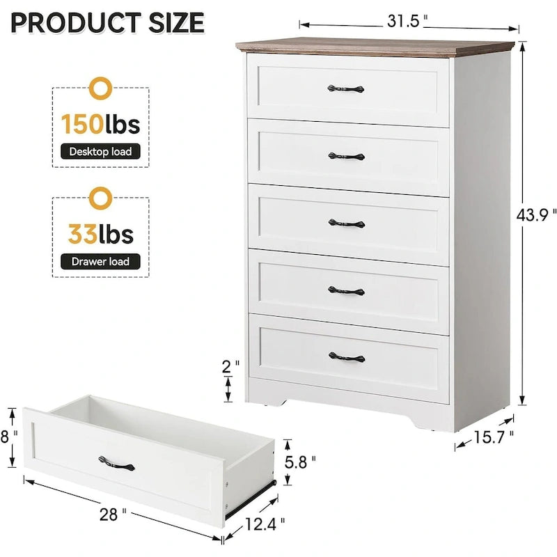 Brown/White 6-Drawer Wood Dresser, Bronze Handles, 1-Person Assembly