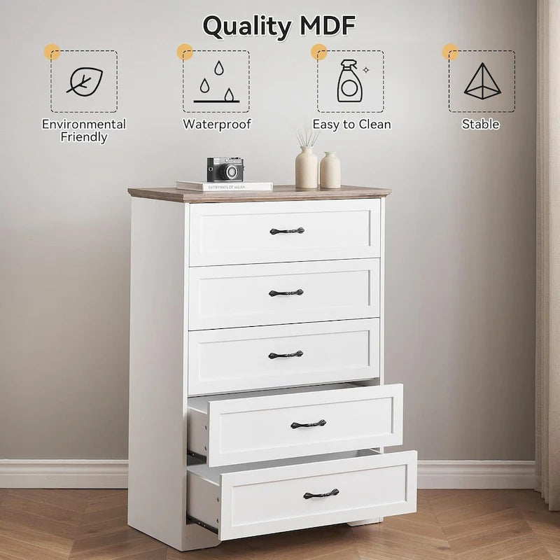 Brown/White 6-Drawer Wood Dresser, Bronze Handles, 1-Person Assembly