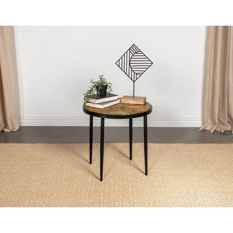 Natural Mango & Black Round Wood Top Side Table, 1-Person Use