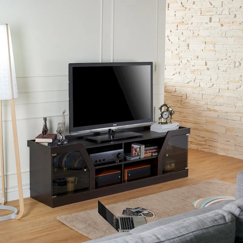 Espresso 71" Wide Entertainment Center with Glass Doors, Open Shelves – 1 Person Assembly