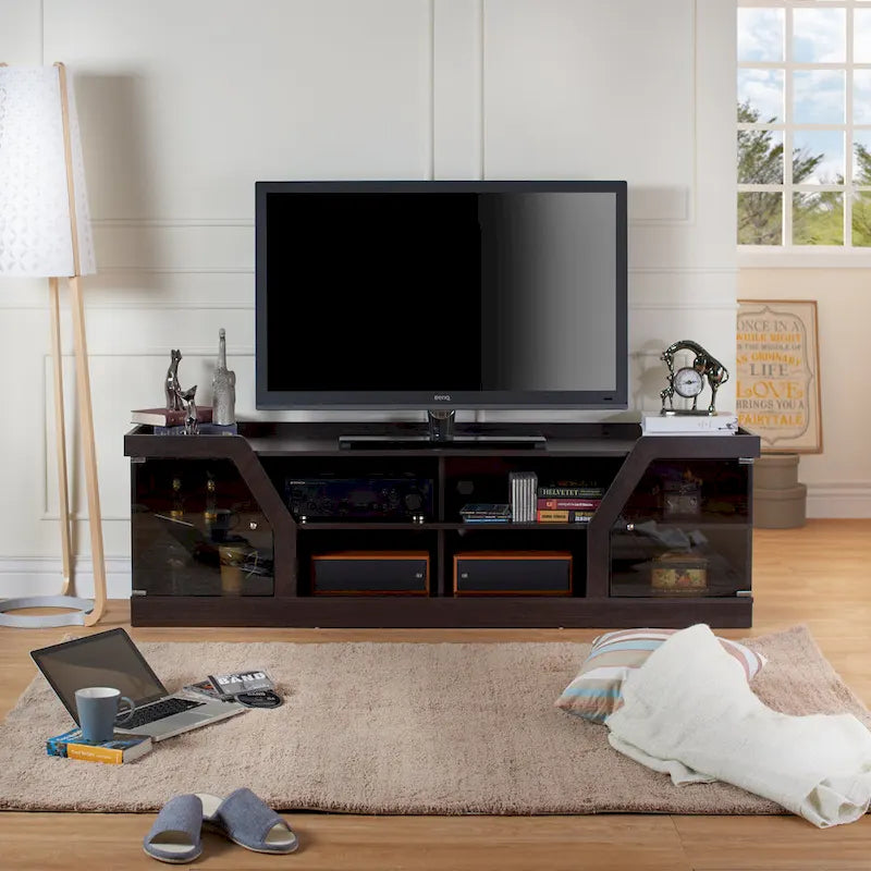 Espresso 71" Wide Entertainment Center with Glass Doors, Open Shelves – 1 Person Assembly