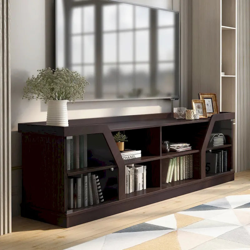 Espresso 71" Wide Entertainment Center with Glass Doors, Open Shelves – 1 Person Assembly