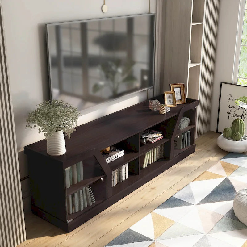 Espresso 71" Wide Entertainment Center with Glass Doors, Open Shelves – 1 Person Assembly