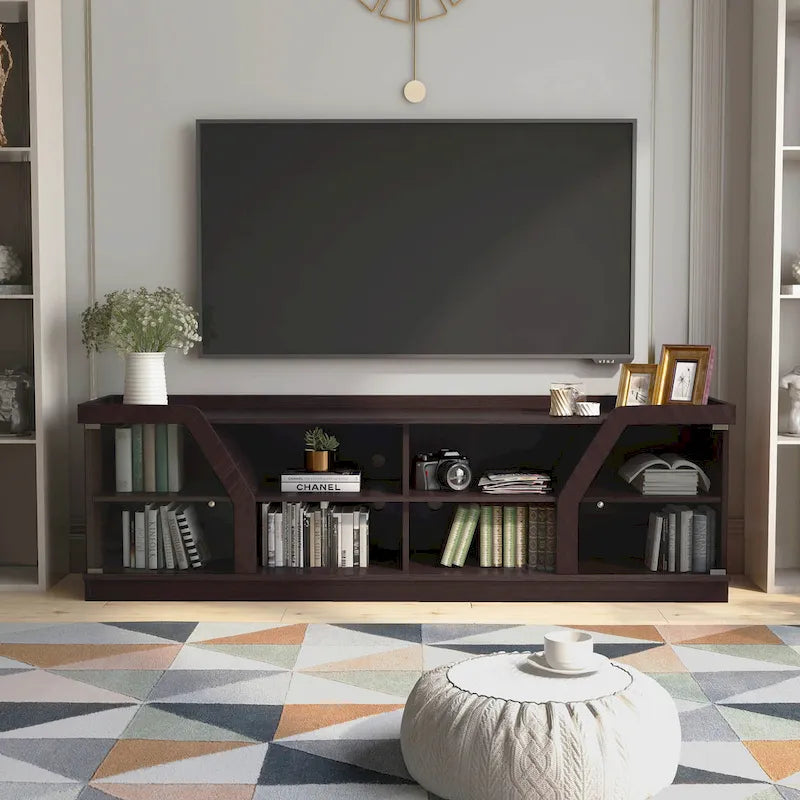 Espresso 71" Wide Entertainment Center with Glass Doors, Open Shelves – 1 Person Assembly