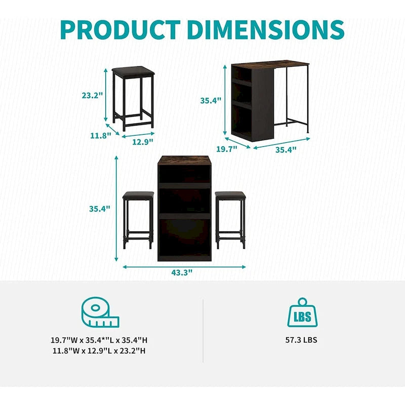 Black Bar Table Set with 2 Stools, 3-Shelf Storage, Counter Height, Seats 2