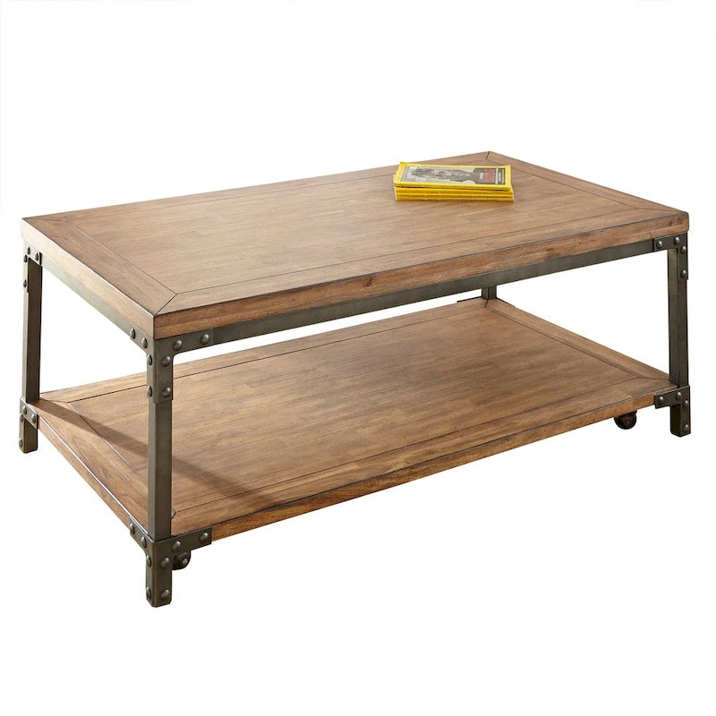Warm Honey Brown Industrial Coffee Table with Casters, Metal & Wood