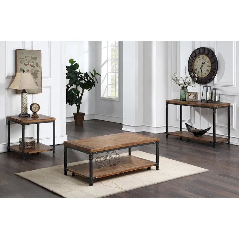 Warm Honey Brown Industrial Coffee Table with Casters, Metal & Wood