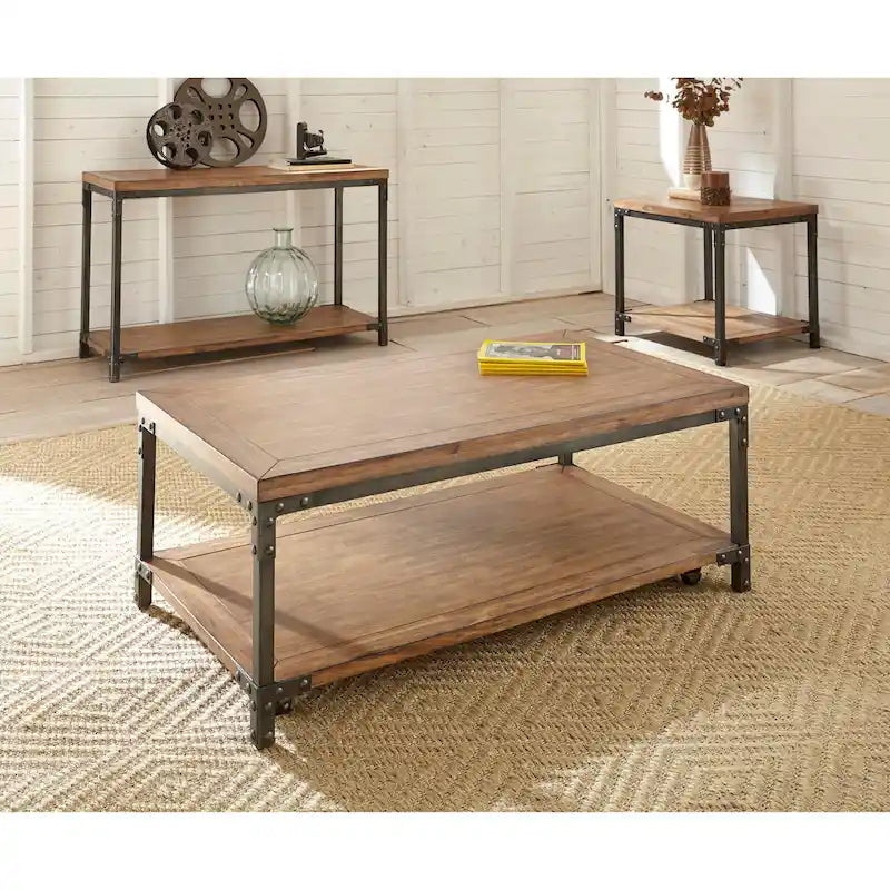 Warm Honey Brown Industrial Coffee Table with Casters, Metal & Wood