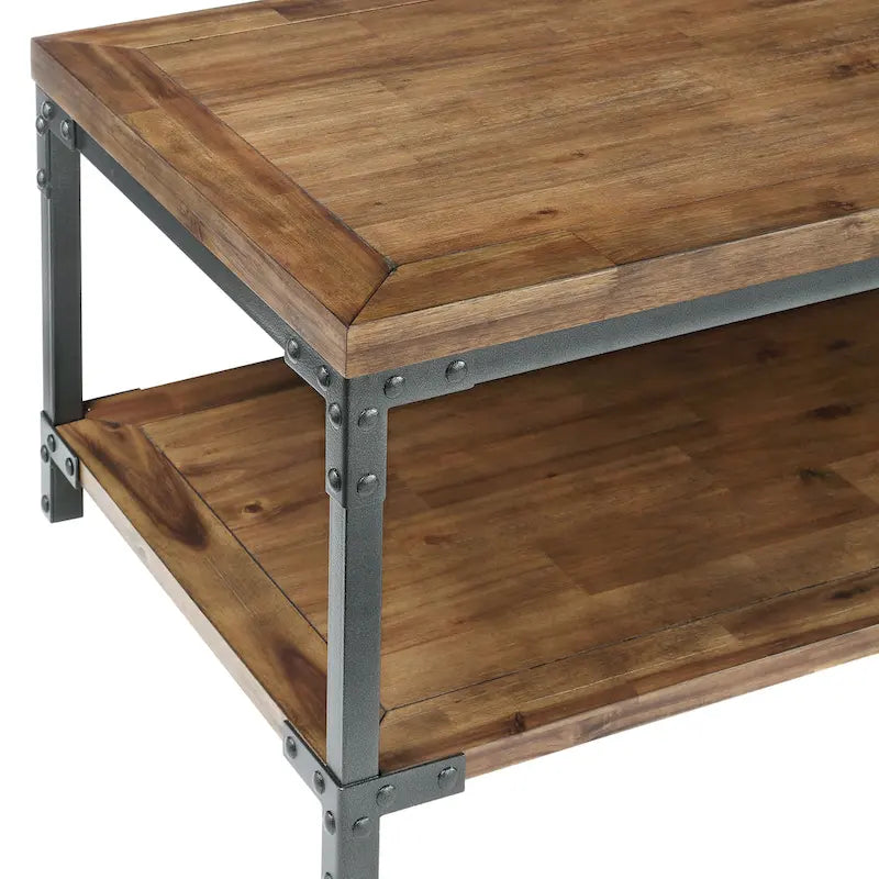 Warm Honey Brown Industrial Coffee Table with Casters, Metal & Wood