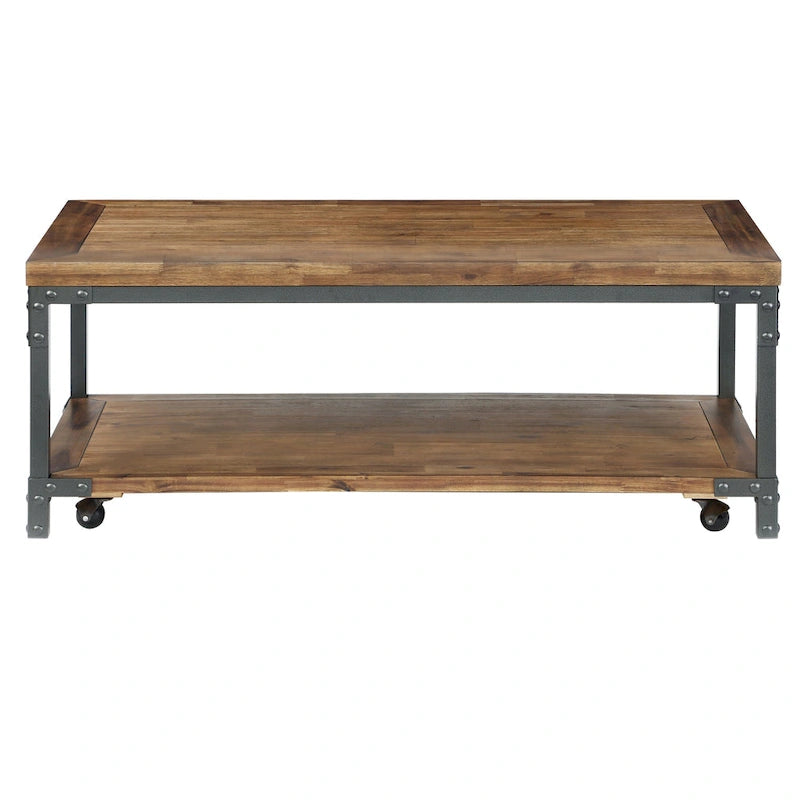 Warm Honey Brown Industrial Coffee Table with Casters, Metal & Wood