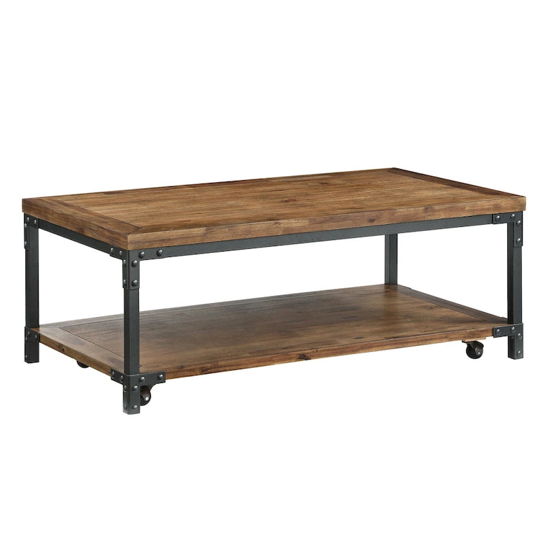 Warm Honey Brown Industrial Coffee Table with Casters, Metal & Wood