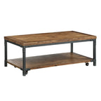 Warm Honey Brown Industrial Coffee Table with Casters, Metal & Wood
