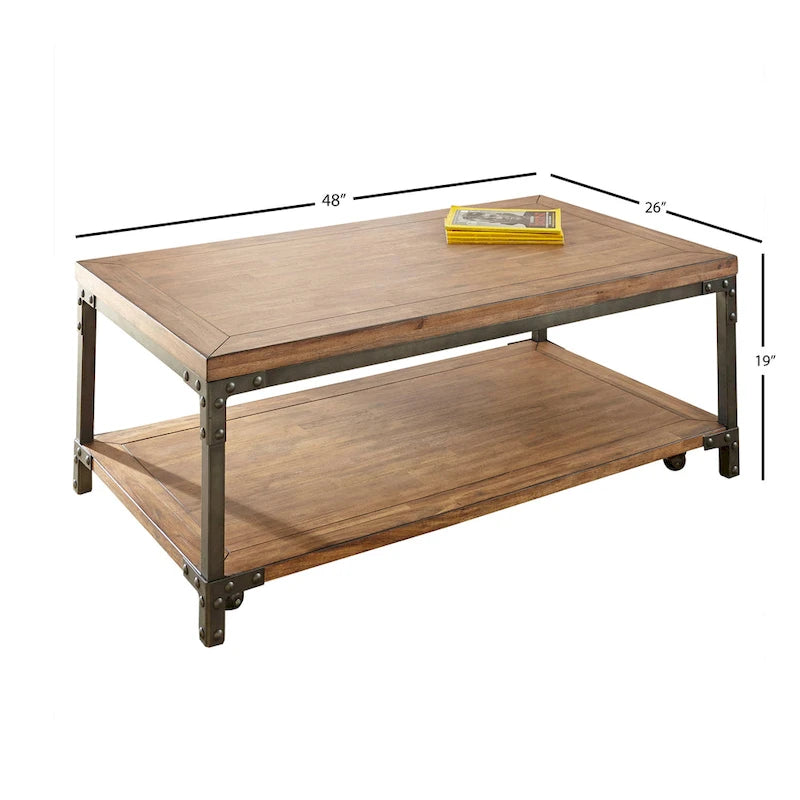 Warm Honey Brown Industrial Coffee Table with Casters, Metal & Wood
