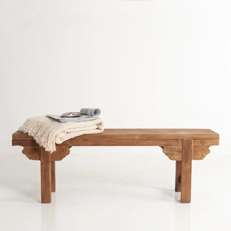Natural Wood Carved Bench, Single Seat