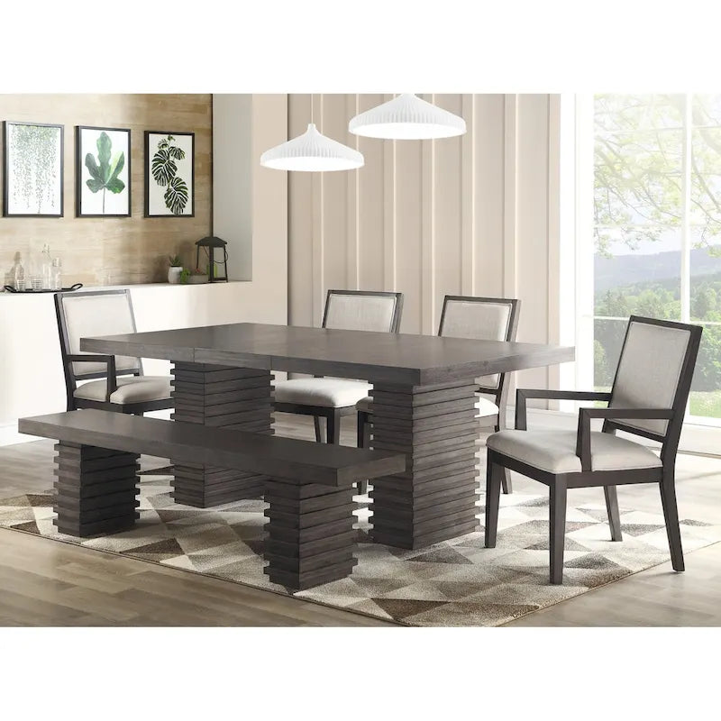 Grey-Brown Contemporary Wooden Dining Table, Double Pedestal, Seats 6