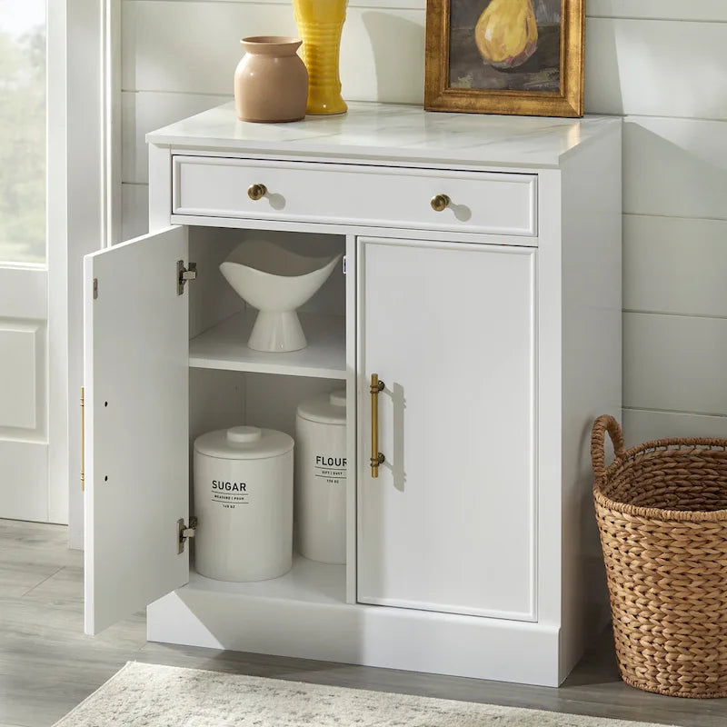 White Modern Farmhouse 1-Drawer 2-Door Storage Cabinet, 2-Person Assembly