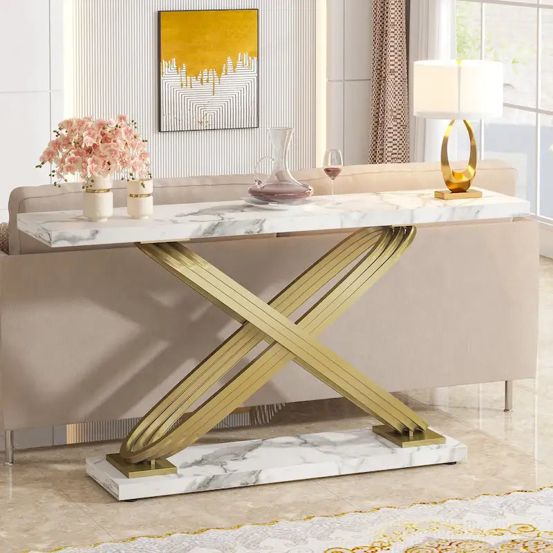 Gold & White Faux Marble Console Table, Rectangular Hallway Sofa Table for 1
