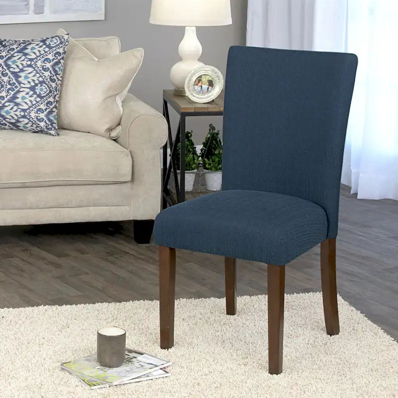 Chaise de salle à manger Parsons en tissu bleu uni avec pieds en bois noyer foncé