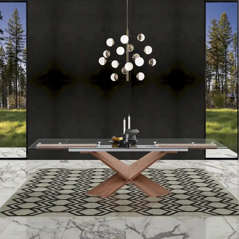 Brown Glass Top Wood Base Extendable Dining Table, Seats 6–10