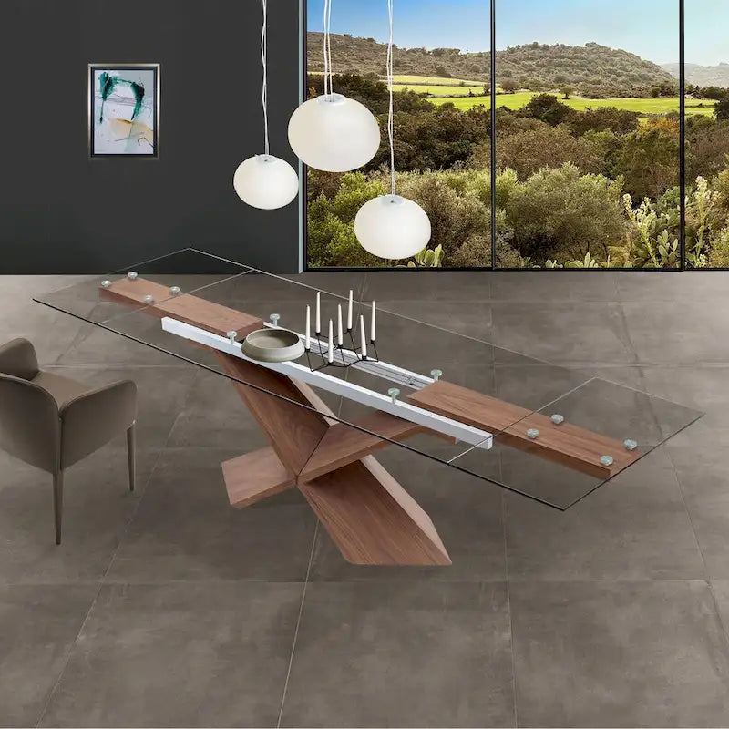Brown Glass Top Wood Base Extendable Dining Table, Seats 6–10