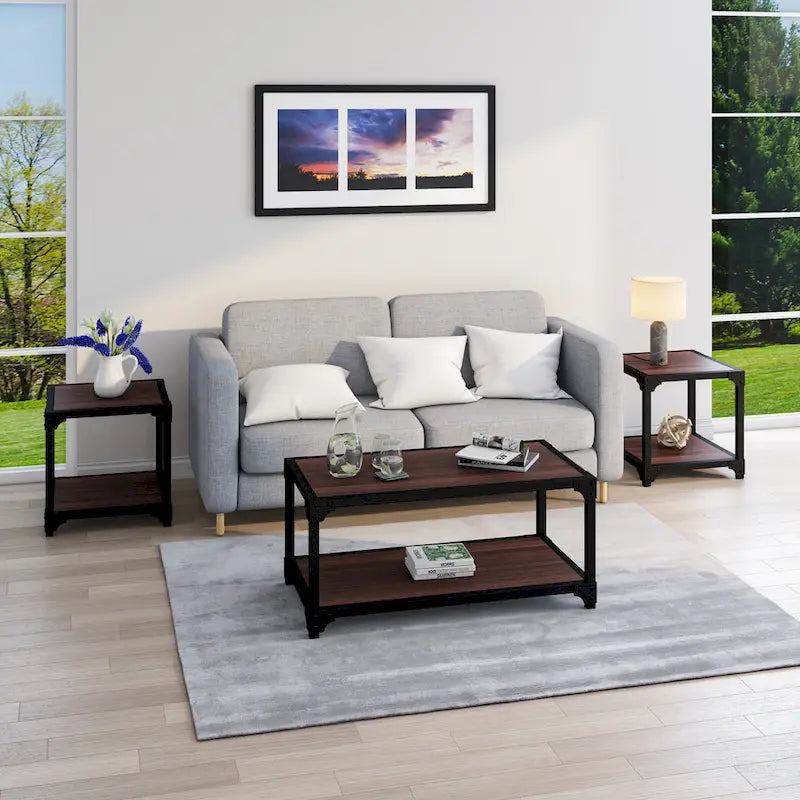 Black Metal & Walnut 3-Piece Industrial Coffee Table & End Table Set